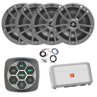 Metra IBBTR19 Marine 3-Zone Bluetooth Controller, 4X 6.5 180 Watts Peak Power 2-Way Multi-Element Gray Marine Speakers, 4-Channel Class H Boat Amplifier W/Wiring Kit