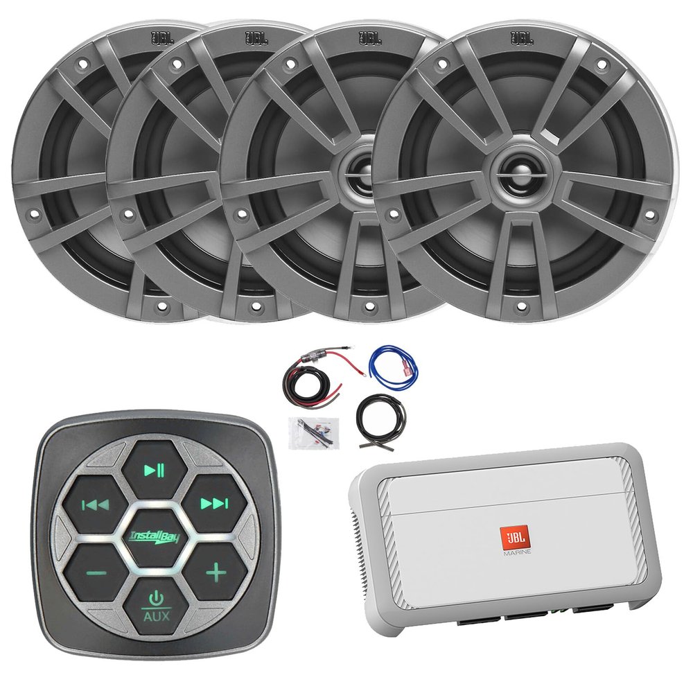 Metra IBBTR19 Marine 3-Zone Bluetooth Controller, 4X 6.5 180 Watts Peak Power 2-Way Multi-Element Gray Marine Speakers, 4-Channel Class H Boat Amplifier W/Wiring Kit
