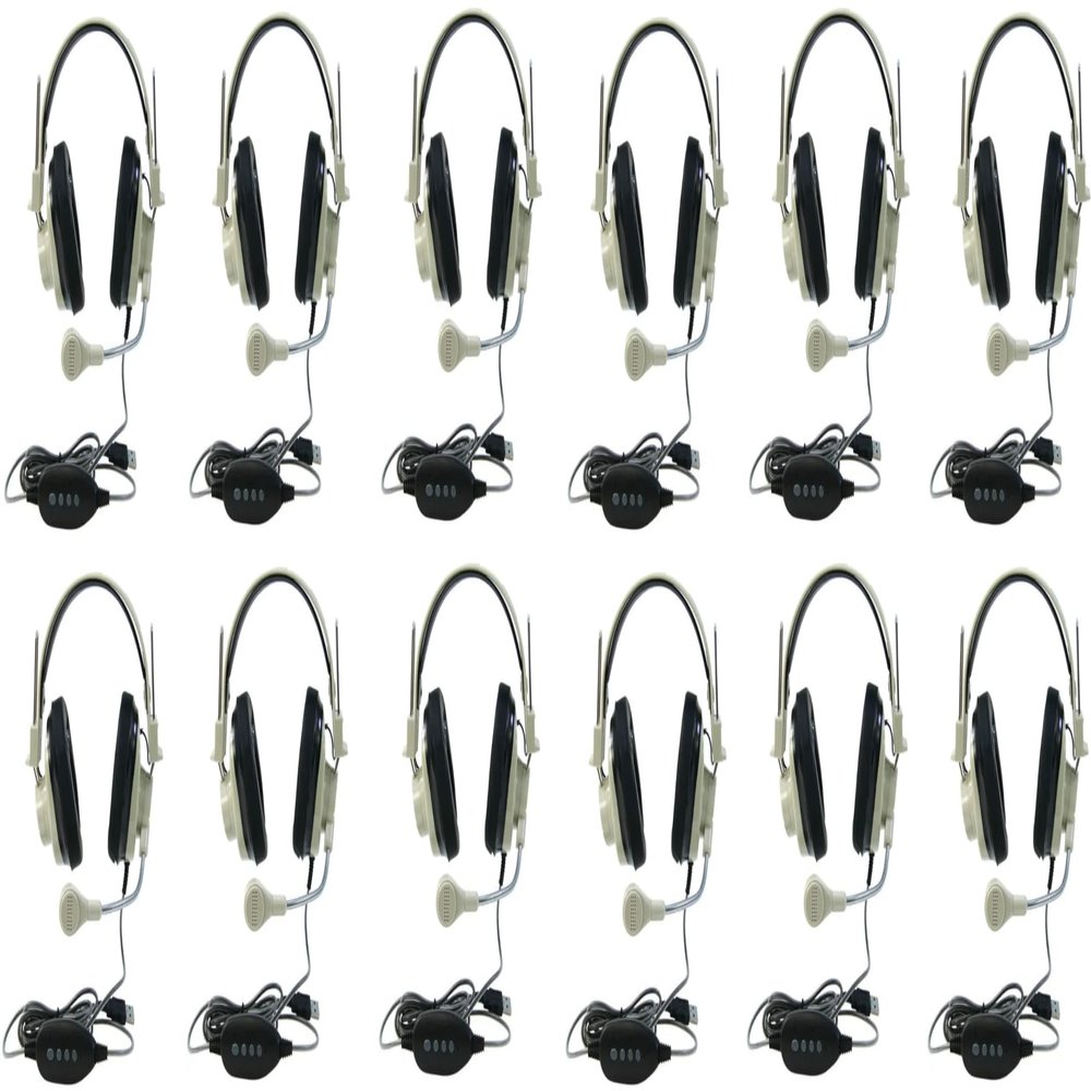 Generic 3066-USB CT Pack of 12 Deluxe Over-Ear Stereo Headset, Beige; Gooseneck Microphone; USB Plug; 6-foot Long 2-layered Cut-and-chew-resistant Cord; Adjustable Headband; Noise-reducing Ear-cups