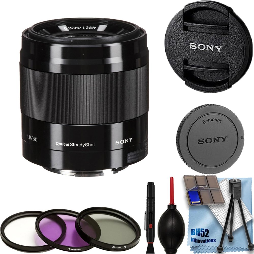 Sony E 50mm f/1.8 OSS Lens (Black) + 3 pcs Filter Kit (UV/CPL/FLD) + Deluxe Accessory Bundle (Renewed)