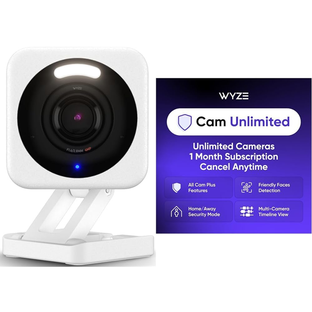 Wyze Cam v4 White 2-pack with Wyze Cam Unlimited Monthly, covers Unlimited Wyze cameras, Auto-Renews at $9.99/Month, Activation Required, Cancel Anytime