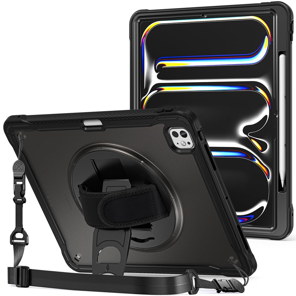 ProCase Rugged Case for iPad Pro 13 Inch 2025 (M5) / 2024 (M4) with Pencil Hold, Heavy Duty Shockproof Rugged Cover with Hand Strap 360 Degree Rotatable Kickstand Protective for iPad Pro 13" -Black