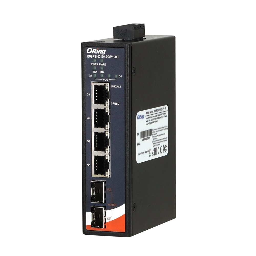IDGPS-C1042GP+-BT | Industrial Unmanaged 2.5G PoE Switch, 4 x 2.5GBASE-T Ports and 2 x 1G/10GBase-X SFP+ Slots, IEEE 802.3bt, ORing Industrial Networking