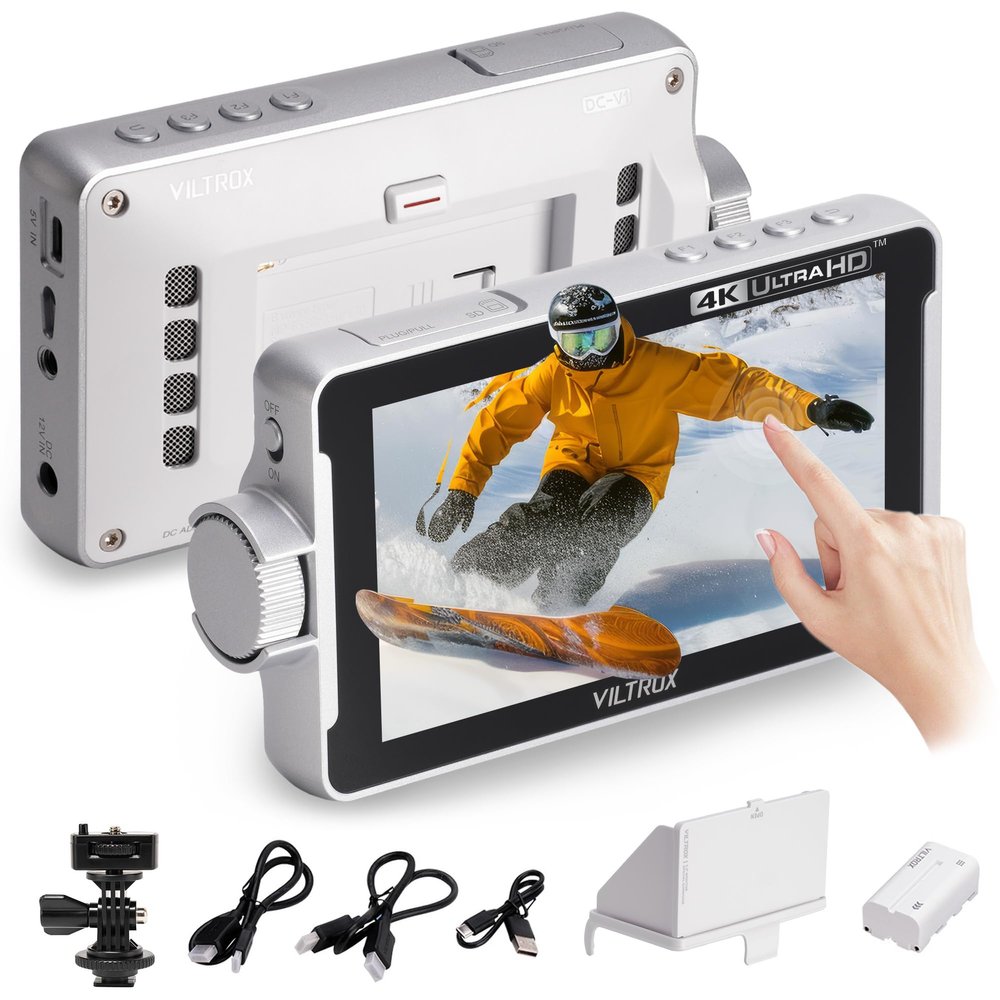 VILTROX DC-V1 5.5 Inch Touchscreen Camera Field Monitor, 4K HDMI DSLR Camera Monitor with Battery Sunshade Input Output Peaking Focus Assist 3D LUT 160 Wide View Angle DC 12V Type-C 5V in, White
