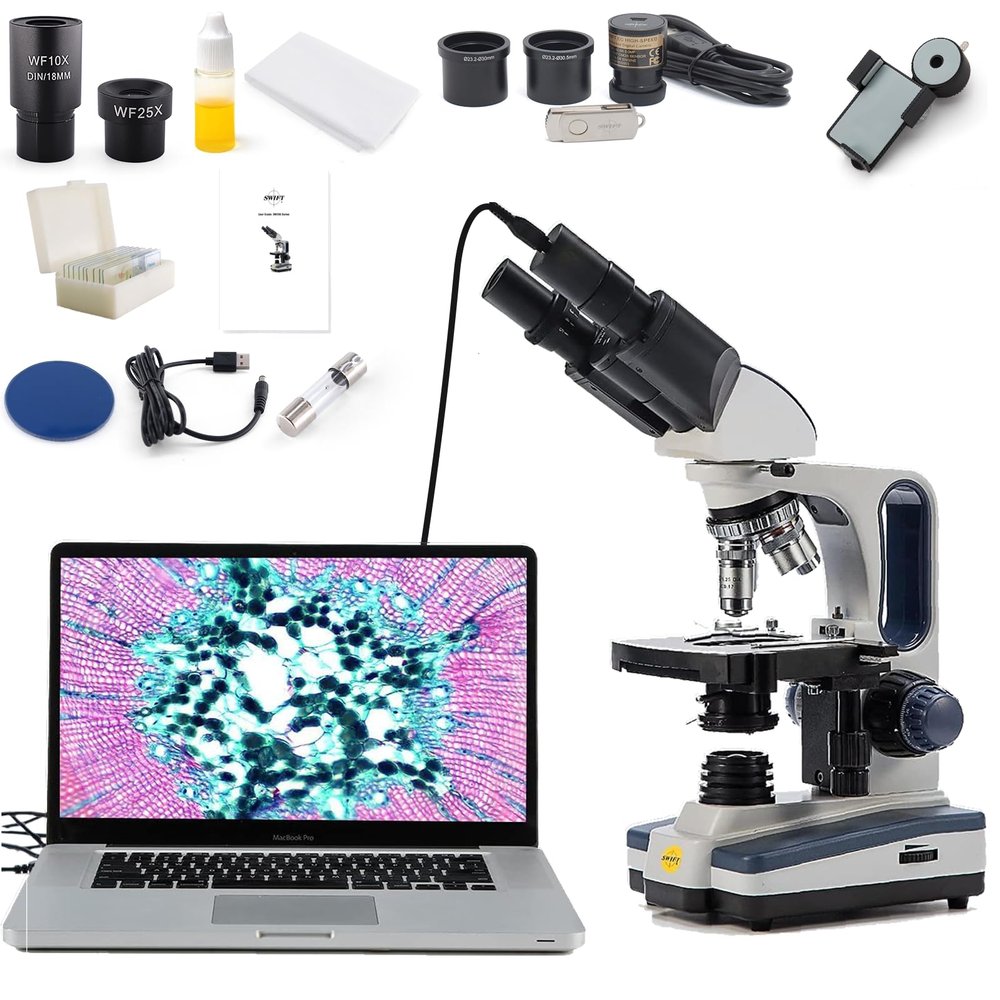 SWIFT SW350B-EC5R-5PBC-SPAE2628 40X-2500X Siedentopf Research-Grade Compound Lab Binocular Microscope with 5MP Camera and Smartphone Adapter and 5 PCS Prepared Slides and 5 PCS Blank Slides