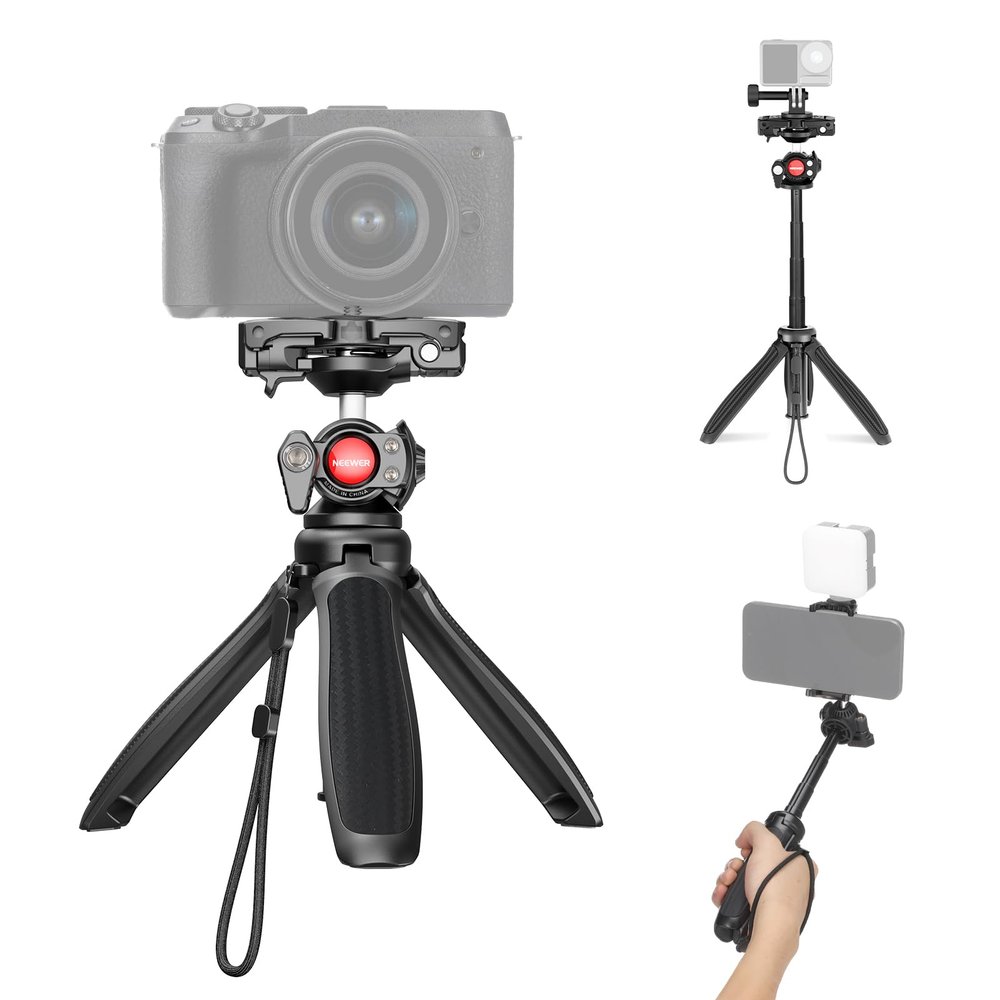 NEEWER TP38 Phone Camera Tripod, 15" Extendable Selfie Stick Metal Stand with Phone Holder, Action Camera Adapter Compatible with Hero 12 11 10 9, 360 Ball Head Travel Tripod for Vlogging