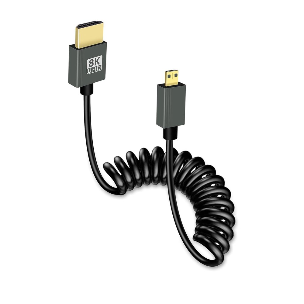 GELRHONR Coiled Micro HDTV to HDTV Cable 8k, Short Micro Cable Male to Male Spring Flexible Slim Cord 48Gbps High Speed Support 3D 8K@60Hz, for Camera Video Capture Card,TV (Straight)