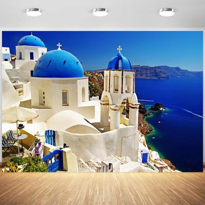 10x8ft Greece Backdrop Santorini Island Village Scenery Photography Background Greece Themed Party Wedding Engagement Photoshoot Decorations Birthday Baby Shower Supplies Photo Booth Props