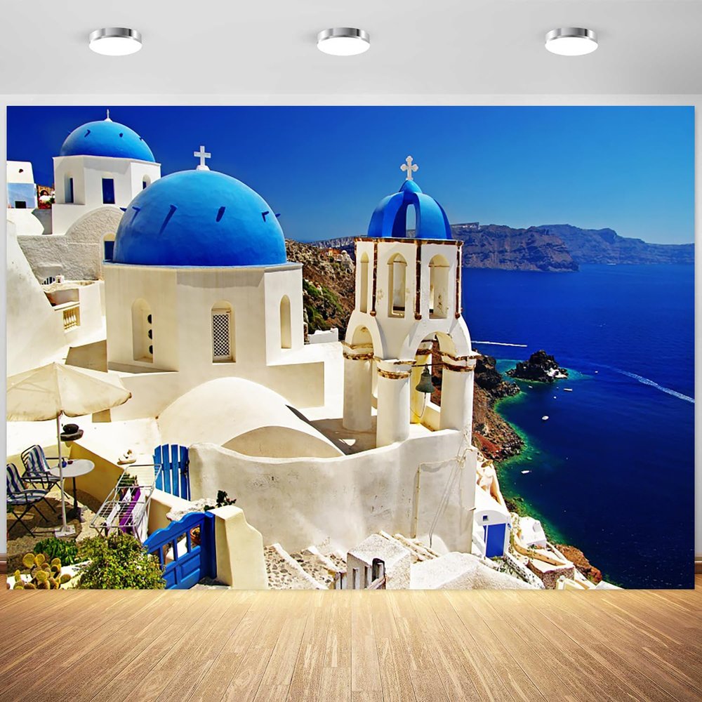 10x8ft Greece Backdrop Santorini Island Village Scenery Photography Background Greece Themed Party Wedding Engagement Photoshoot Decorations Birthday Baby Shower Supplies Photo Booth Props
