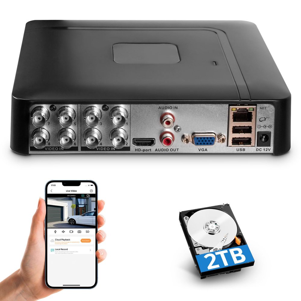 Fuers 8CH Security DVR Recorder for Home Security Camera System, Only Work with 2MP/3MP/4MP/5MP HD Analog Cameras, 24/7 Recording to Pre-Installed 2TB Hard Drive, Mobile APP & PC Remote