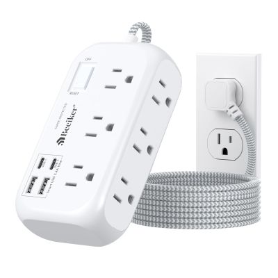 4 USB(2 USB C) Surge Protector Power Strip with Switch- 6 Ft Flat Braided Extension Cord with 6 Widely Outlets, Flat Plug Wall Mount Desk USB Charging Station for Home Office Dorm Room Travel 1625W