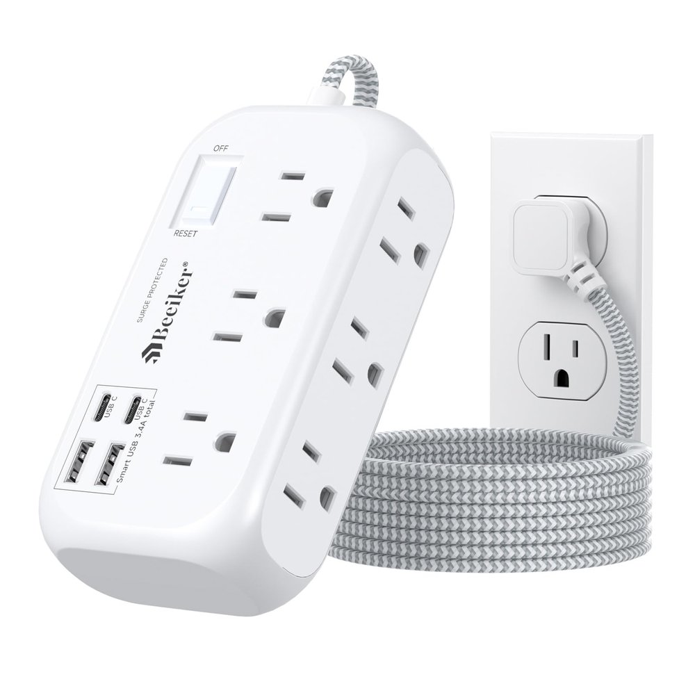 4 USB(2 USB C) Surge Protector Power Strip with Switch- 6 Ft Flat Braided Extension Cord with 6 Widely Outlets, Flat Plug Wall Mount Desk USB Charging Station for Home Office Dorm Room Travel 1625W