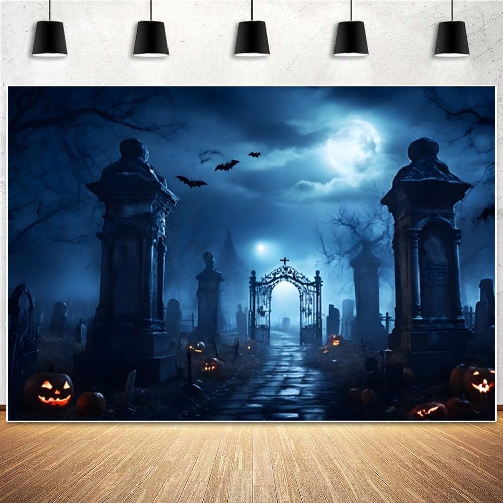 Leowefowa 15x8ft Vinyl Halloween Backdrop Pumpkin Cemetery Full Moon Night Gloomy Photography Background Halloween Party Decorations Spooky Themed Background Studio Props