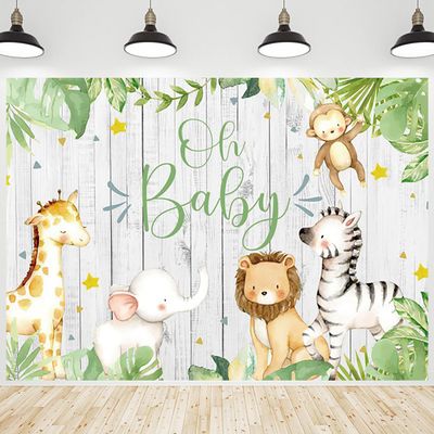 CRTPOD Baby Shower Jungle Safari Backdrop Oh Baby Cartoon Green Leaves Wooden Background Newborn Photography Banner for Baby Birthday Party Decorations Photo Studio Photobooth Props 10x6.5ft