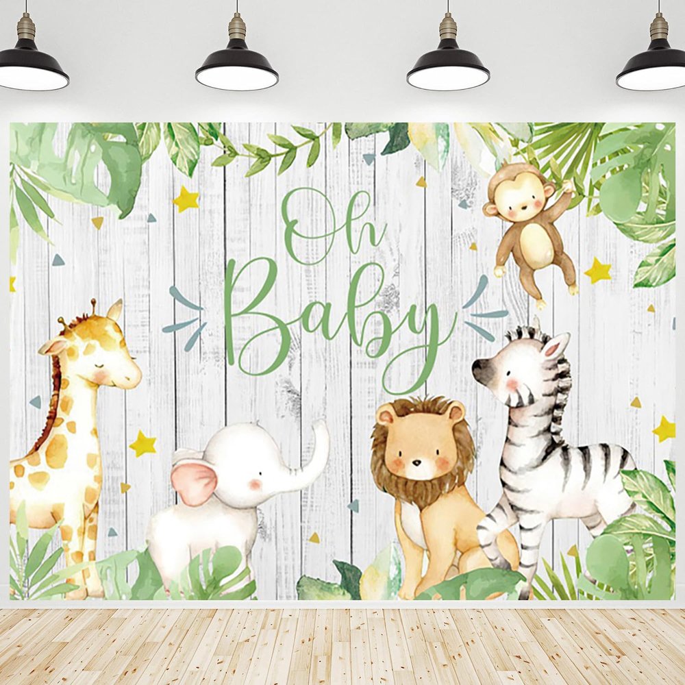 CRTPOD Baby Shower Jungle Safari Backdrop Oh Baby Cartoon Green Leaves Wooden Background Newborn Photography Banner for Baby Birthday Party Decorations Photo Studio Photobooth Props 10x6.5ft