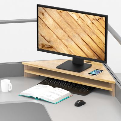 ZIMGOD Corner Monitor Stand 2 Tiers Laptop Monitor Shelves with Storage, Solid Wood Triangle Desk Riser for Monitors, Sturdy Corner Monitor Stand for Meeting Room