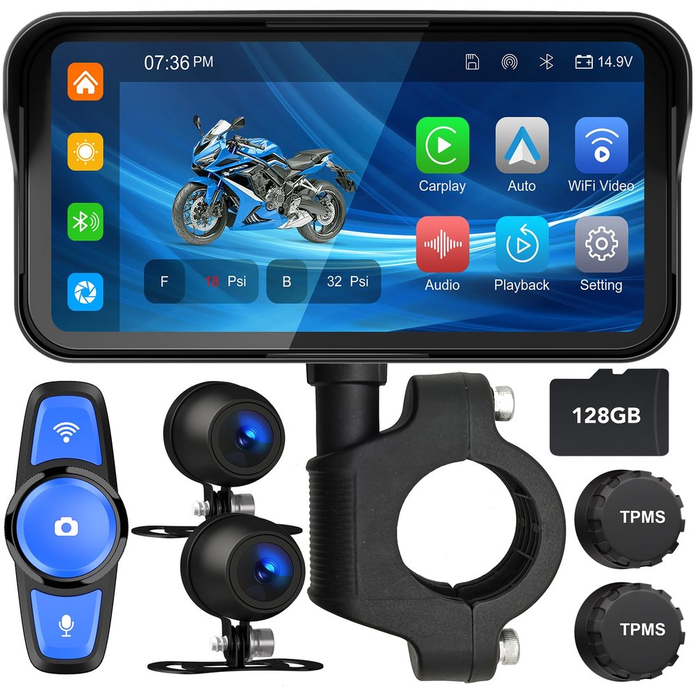 FancyTiger 6.25" Motorcycle Carplay with GPS Navigation System, IPS Waterproof Touchscreen, Inculed SD-128GB, TPMS, HD Touch Screen Auto and Dual 1080P Camera/Dash Cam, Support iOS/Android, BT, Siri