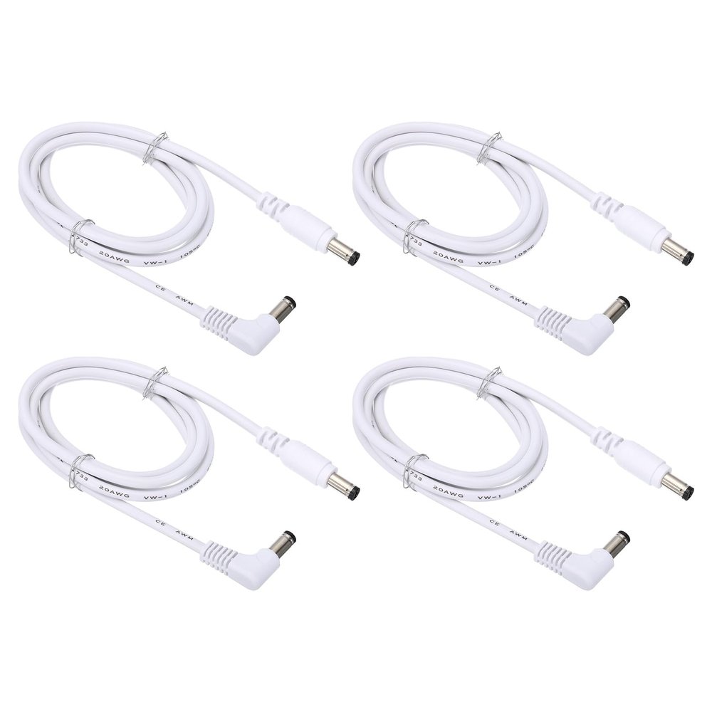 PATIKIL 3Ft 5.5mm x 2.1mm Male to Male DC Power Extension Cable, 4 Pcs Wire Adapter 90 Degree Right Angle Cord for LED Strip Router Surveillance Camera, White