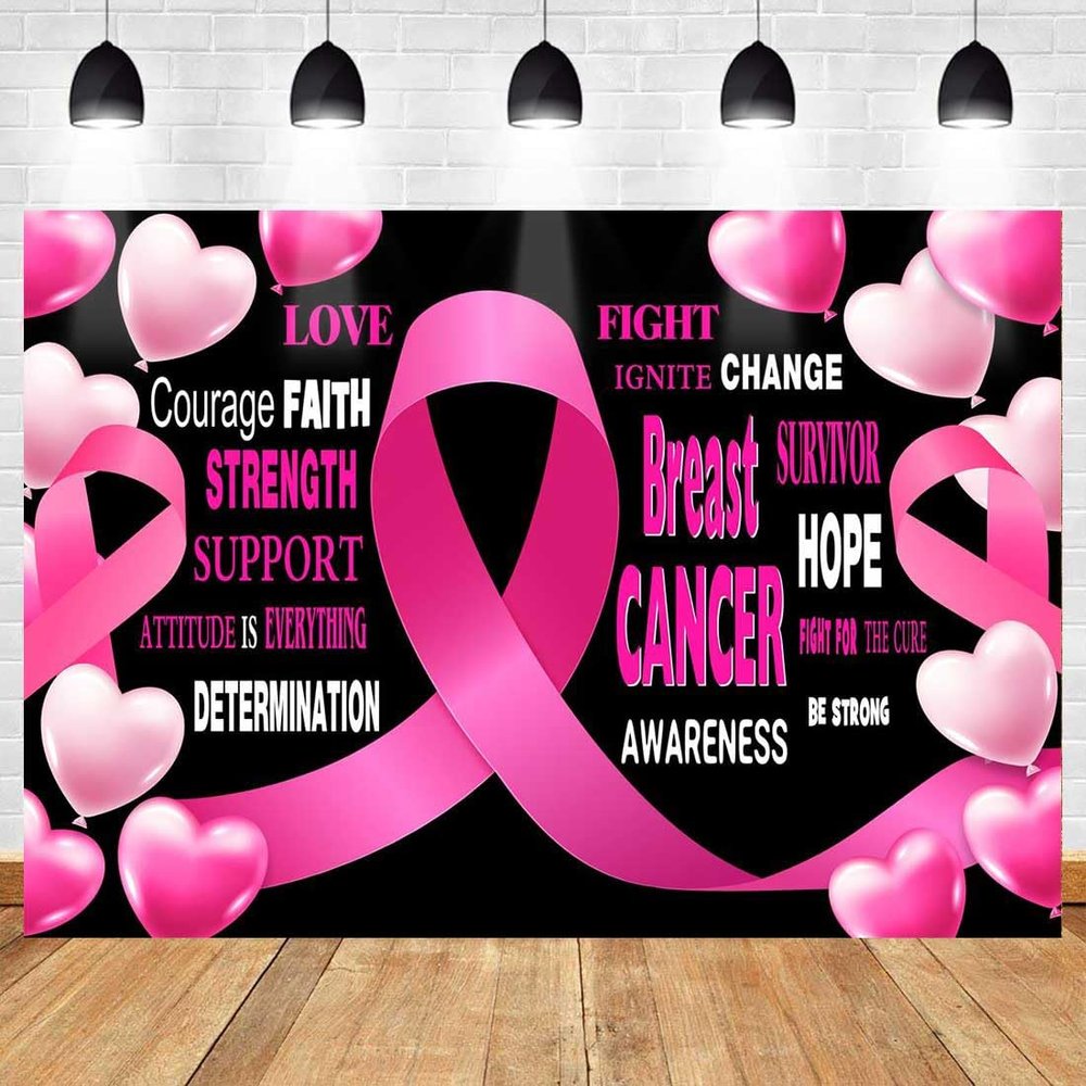 Breast Cancer Awareness Banner Backdrop for Pink Ribbon Party Decor, Breast Cancer Awareness Banner Decorations for Photography Background, Pink Ribbon Walk Charity Theme Party Supplies 9x6ft