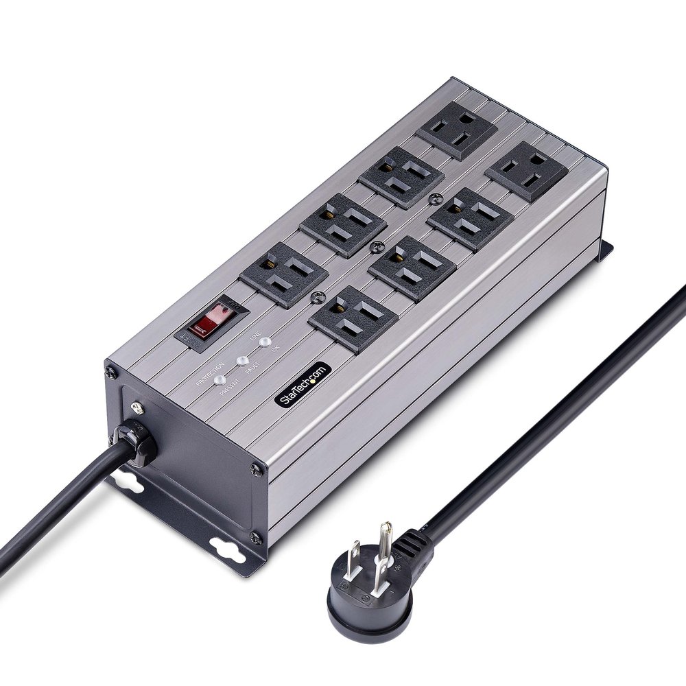 StarTech.com Flat Plug 8-Outlet Heavy Duty Industrial Power Strip 125V/15A with Surge Protector, EMI/RFI Isolation, Mountable PDU, 12ft/3.6m Extension Power Cord, NEMA 5-15P/R, TAA
