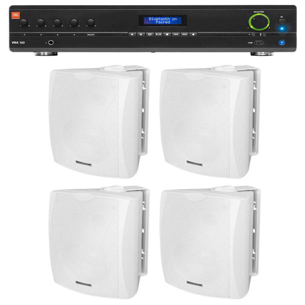 Audiosavings Bundle: (1) JBL VMA160 60-Watt 70 Volt 70V Mixer/Amplifier with Bluetooth Bundle with (4) Rockville WET-6W 70V 6.5" IPX55 Commercial Indoor/Outdoor Wall Speaker - White (5 Item)