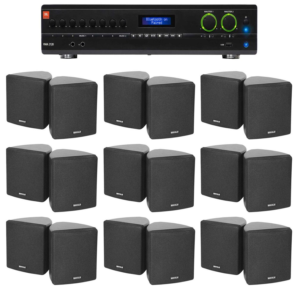 Audiosavings Bundle: (1) JBL VMA2120 2-Ch. Commercial/Restaurant 120W 70V Bluetooth Amplifier Bundle with (18) Cube by Rockville Pair of 3.5" Black Commercial 70v Swivel Wall Mount Speakers (19 Item)