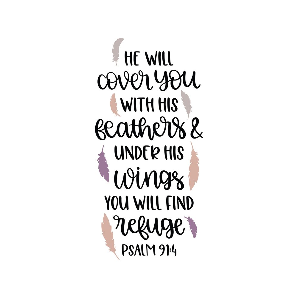 Inspirational Quote Stick On Decals Size 7" Bible Verse "He will cover You with hsi feathers" Religious Inspirational Christian Genuine Vinyl Decal Sticker - Waterproof Sticker for Car,etc