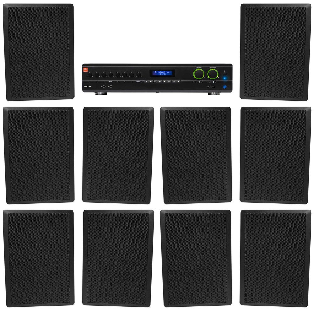 Audiosavings Bundle: (1) JBL VMA2120 2-Ch. Commercial/Restaurant 120W 70V Bluetooth Amplifier Bundle with (10) Rockville RockSlim 70B Black 5.25" 70v Commercial Restaurant Wall Speakers (11 Item)