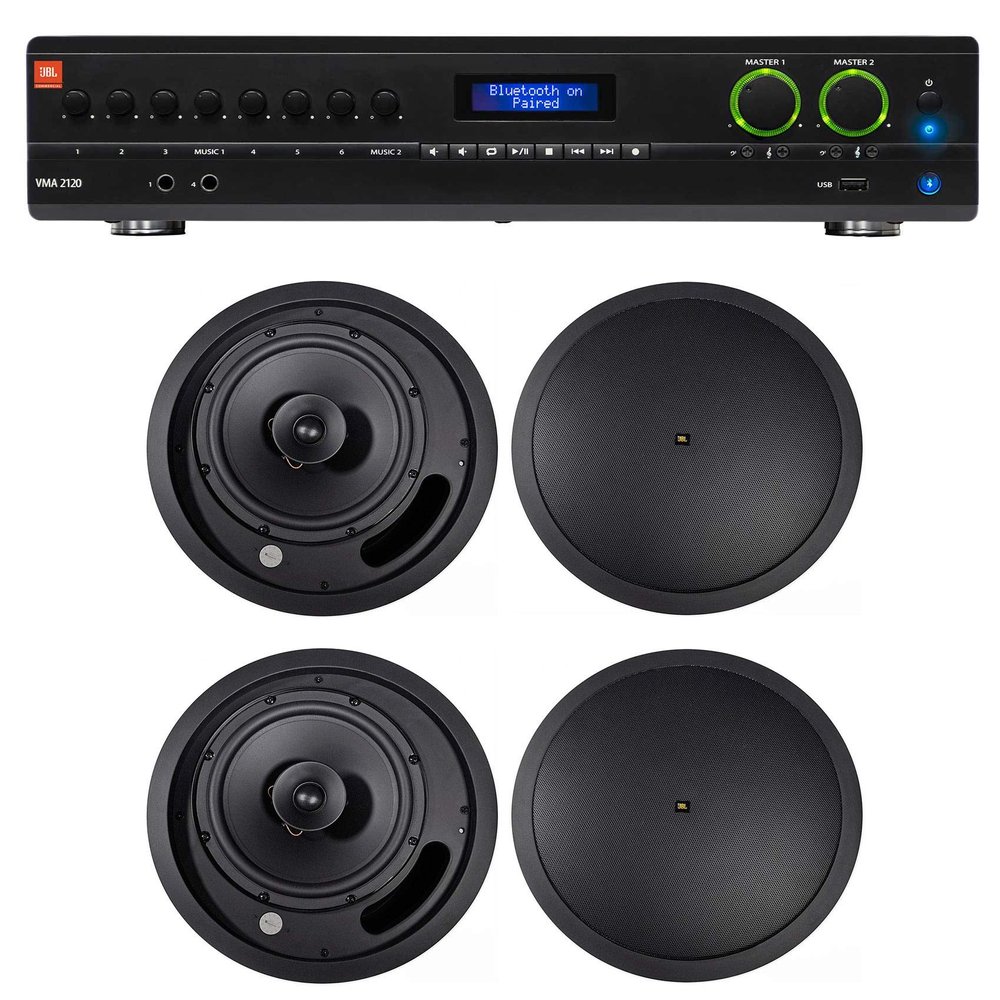 Audiosavings Bundle: (1) JBL VMA2120 2-Ch. Commercial/Restaurant 120W 70V Bluetooth Amplifier Bundle with (4) JBL Control 18C/T-BK 8" 70v Commercial Black Ceiling Speakers for Restaurant (5 Item)