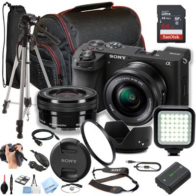 Sony a6700 Mirrorless Camera with 16-50mm Lens + 64GB Memory, Filter,Case, Tripod, Video Light, and More (Content Creator Bundle) (Renewed)