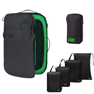 COR Island Hopper Carry On Travel Backpack, 28L Black, 4 Packing Cubes