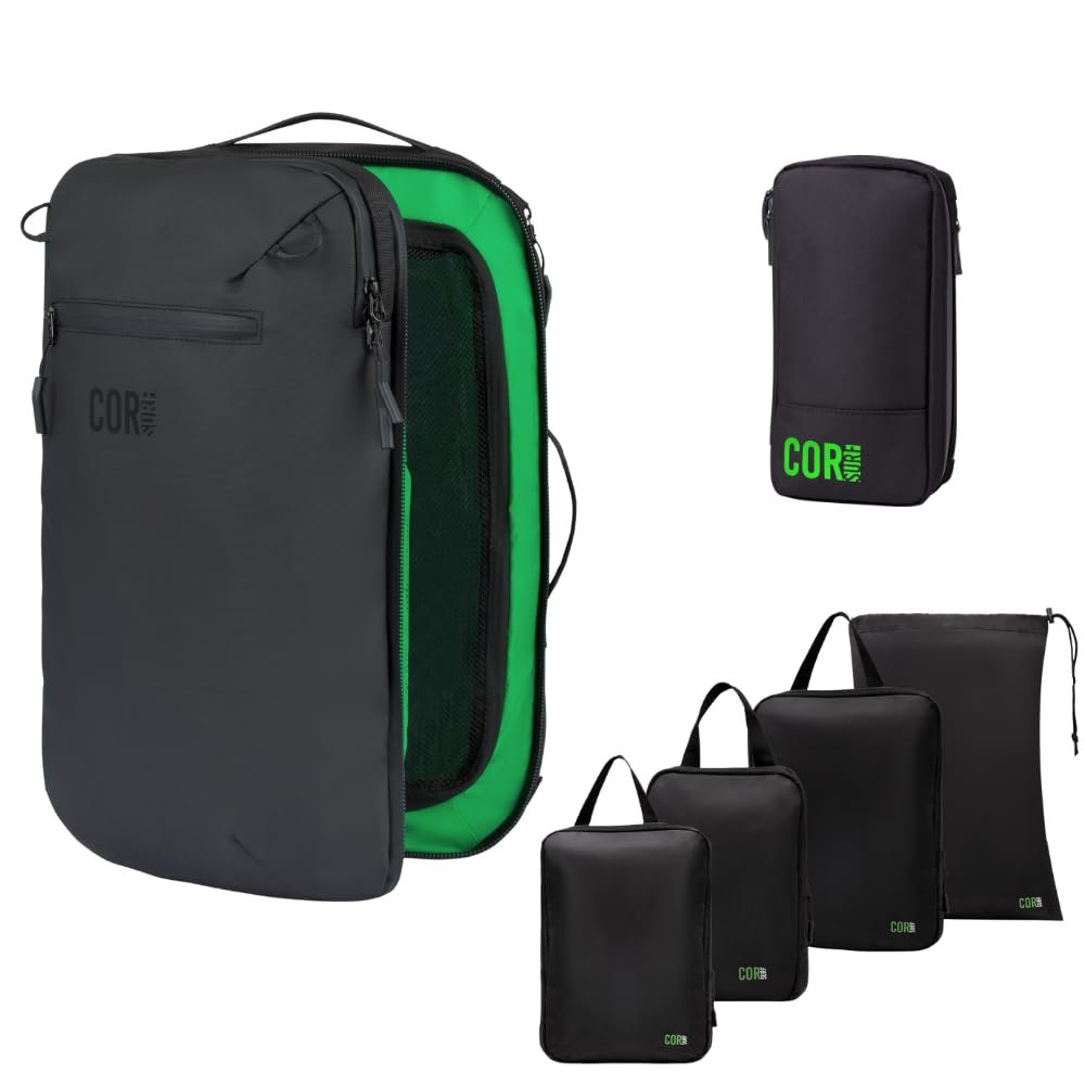 COR Island Hopper Carry On Travel Backpack, 28L Black, 4 Packing Cubes