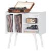 LELELINKY Record Player Stand,Vinyl Record Storage Table with 4 Cabinet Up to 120 Albums,Mid-Century Turntable Stand with Wood Legs,White Vinyl Holder Display Shelf for Bedroom Living Room view 1