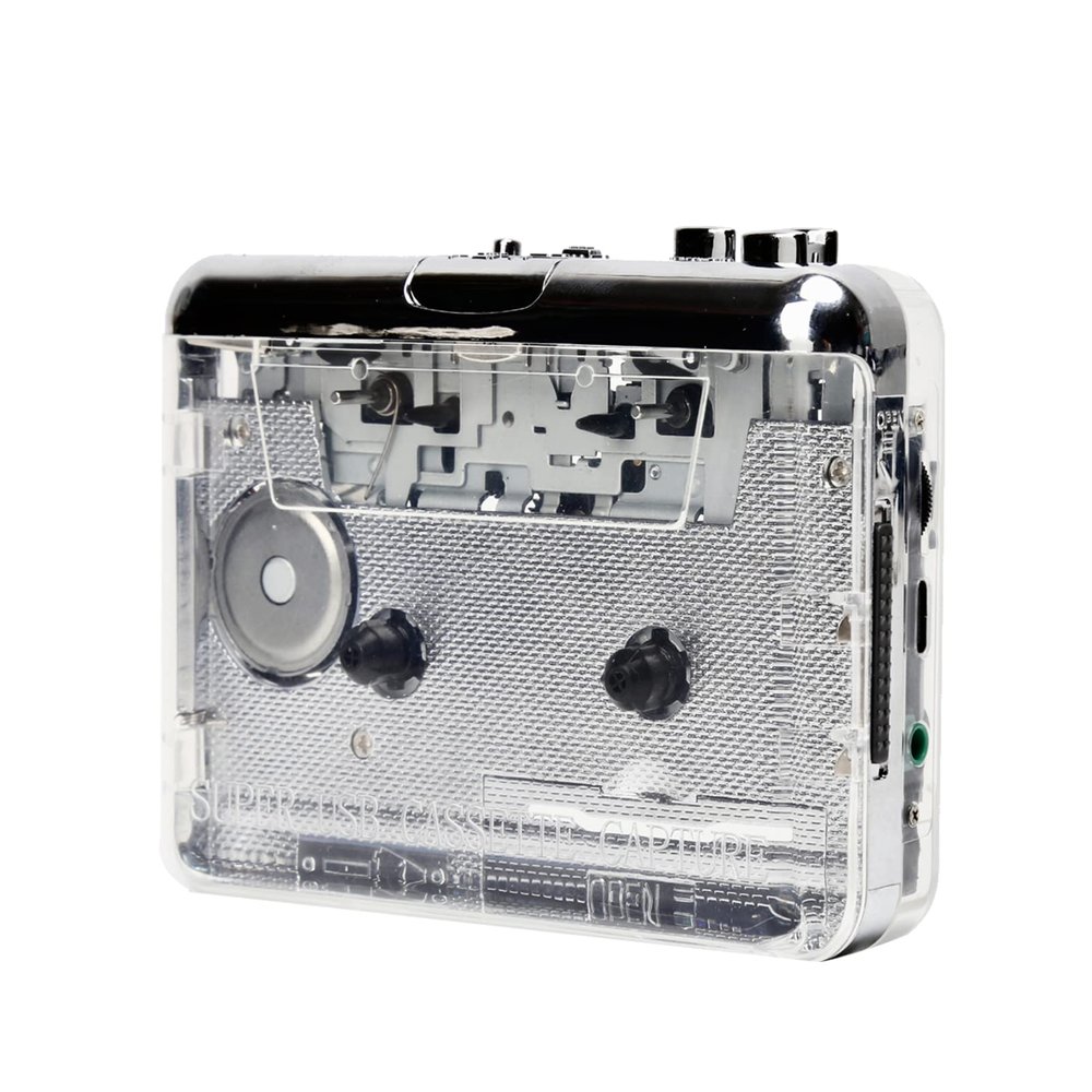 HXBER TON010 Portable Cassette to MP3 Player Mini USB Tape Player MP3 Converter with 3.5mm AUX Input Software CD Cassette Capture Audio Music Player Compatible with PC Laptop, Transparent