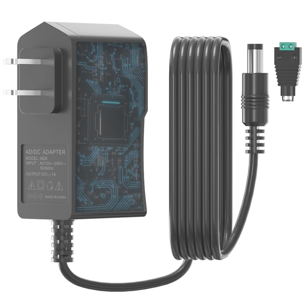 12V 1A Power Supply Adapter, 12W Replacement Charger with 1 Green Terminal Connector for LED Strip Light, Security Camera, Digital Photo Frame and More, 3.2Ft Power Cord