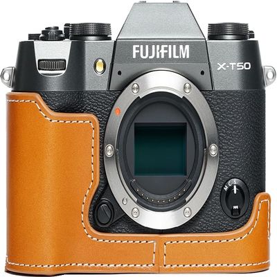 BMAOLLONGB X-T50 Camera Case, Handmade Genuine Real Leather Half Camera Case Bag Cover for Fujifilm X-T50 XT50 Camera Bottom Opening Version + Hand Strap (Yellow)