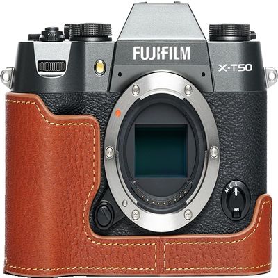 BMAOLLONGB X-T50 Camera Case, Handmade Genuine Real Leather Half Camera Case Bag Cover for Fujifilm X-T50 XT50 Camera Bottom Opening Version + Hand Strap (Brown)