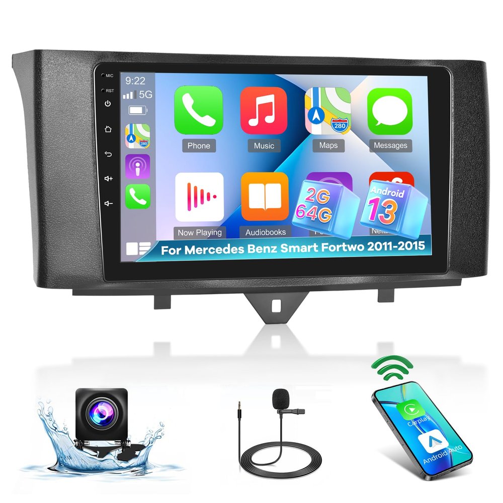 [2+64G] for Mercedes Benz Smart Fortwo 2011-2015 Upgrade DSP Audio, 9 inch Touchscreen Android Car Radio - Wireless Carplay & Android Auto, GPS, 5G/WiFi, Mirror Link, SWC + AHD Backup Camera