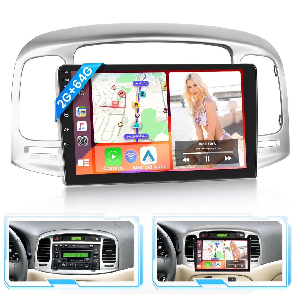 2+64G Car Stereo for Hyundai Accent 2006 2007 2008 2009 2010 2011 Wireless Carplay Android Auto,Android 15 System,9 Inch Touch Screen Bluetooth Car Radio GPS WiFi Dual USB Backup Camera