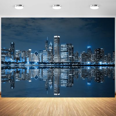 10x6.5ft Night Cityscape Backdrop City Skyline Skyscraper Reflection Scene Photography Background Travel Party Urban Buildings Portraits Decorations Supplies Photo Booth Props