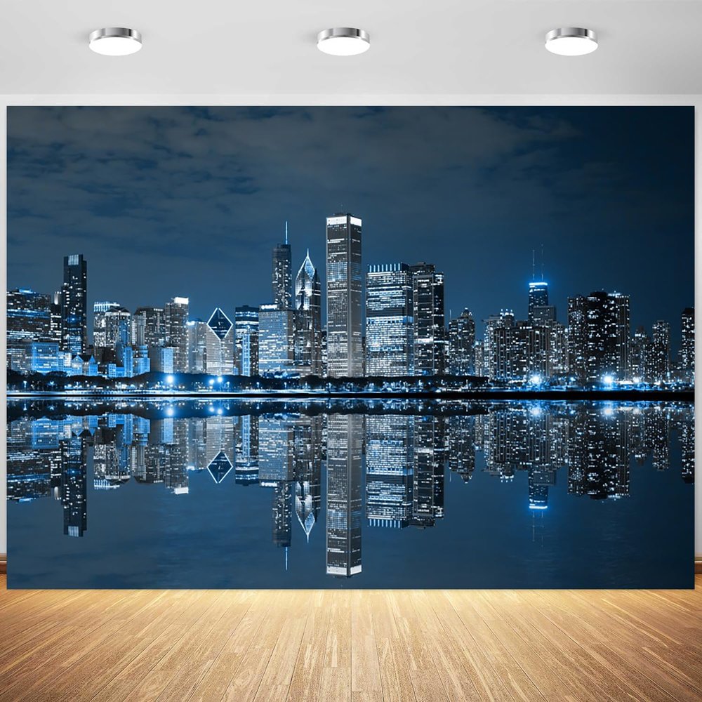 10x6.5ft Night Cityscape Backdrop City Skyline Skyscraper Reflection Scene Photography Background Travel Party Urban Buildings Portraits Decorations Supplies Photo Booth Props