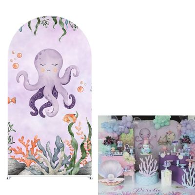Aerdce Underwater Octopus Arched Background Fabric Covers Pink Under The Sea Arch Backdrop Stand Cover for Girl Birthday Party Decoration Props(Only Cover)