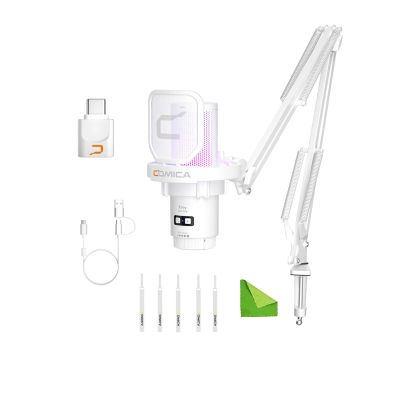 comica Wireless USB Microphone for Computer and Smartphone,48kHz/24bit RGB Cardioid Condenser Gaming Mic for Podcasting,Streaming,Recording,Music Creation,with Boom Arm Stand-White (EJoy Uni Pro A)