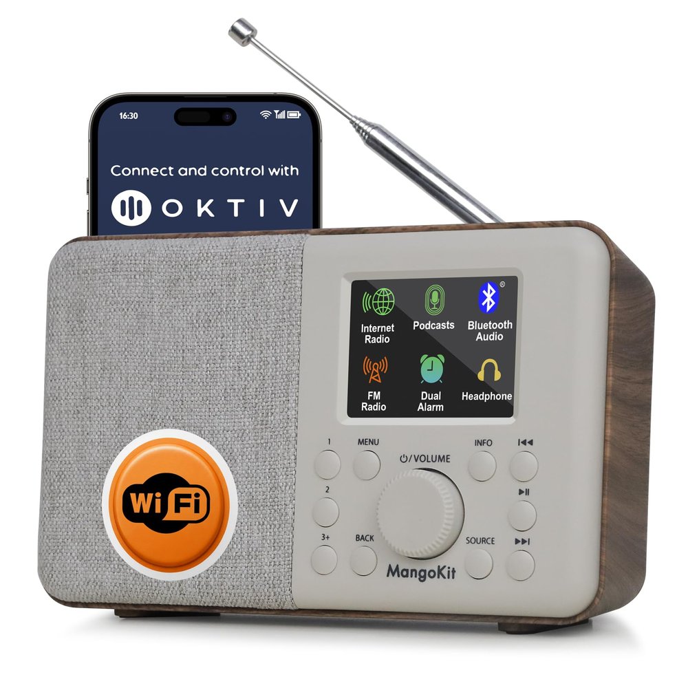 MangoKit SR10 WiFi Internet Radio,Podcast Player, Bluetooth Speaker, Portable FM Radio, Mains and Battery Powered Radio, Color Display,Dual Alarms, Presets,App Control-Walnut