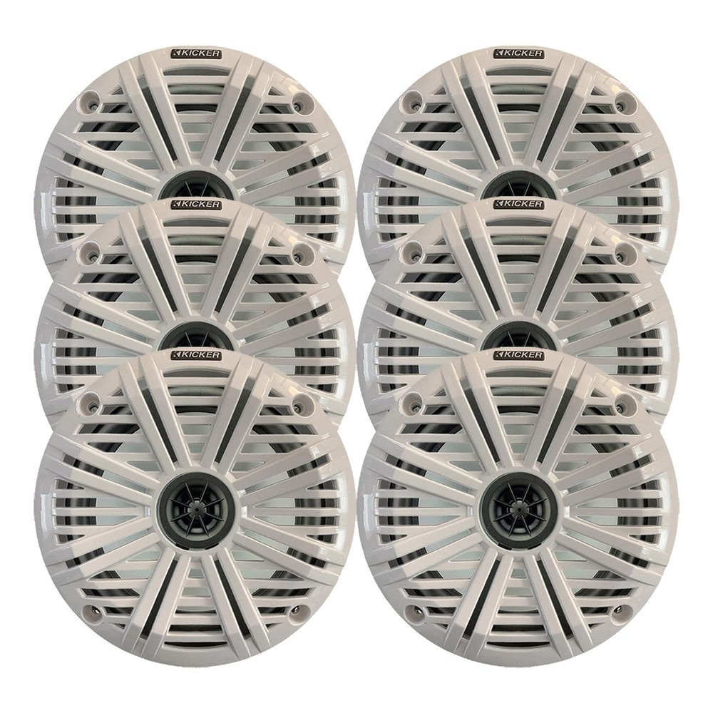 KICKER 6.5" 195 Watt Peak Power Marine OEM Replacement Boat Audio Speakers (Qty 6) with White Salt Water Grilles