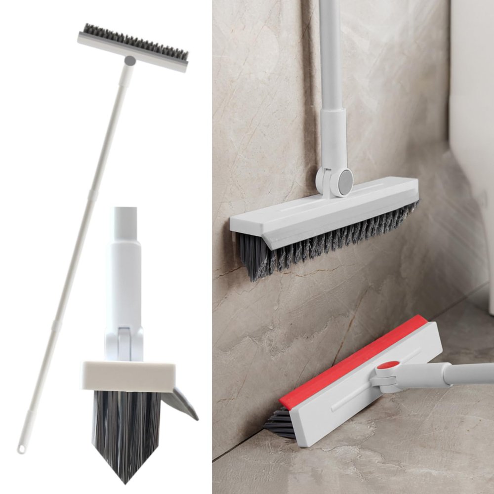 Motamim Floor Brush Scrubber with Long Handle Grout Brush Tile Floor Scrub Brush with Squeegee Heavy Duty Deck Brush Stain 180 Rotating Crevice Cleaning Brush Stiff Bristle Broom for Bathroom Wall