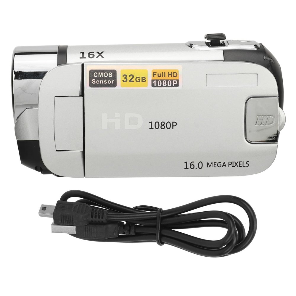 LIZEALUCKY Portable 1080P High Definition Digital Video Camera, 16MP DV Camera 16X Zoom HD Video 2.4inch Rotatable Screen Fill Light (Silver)