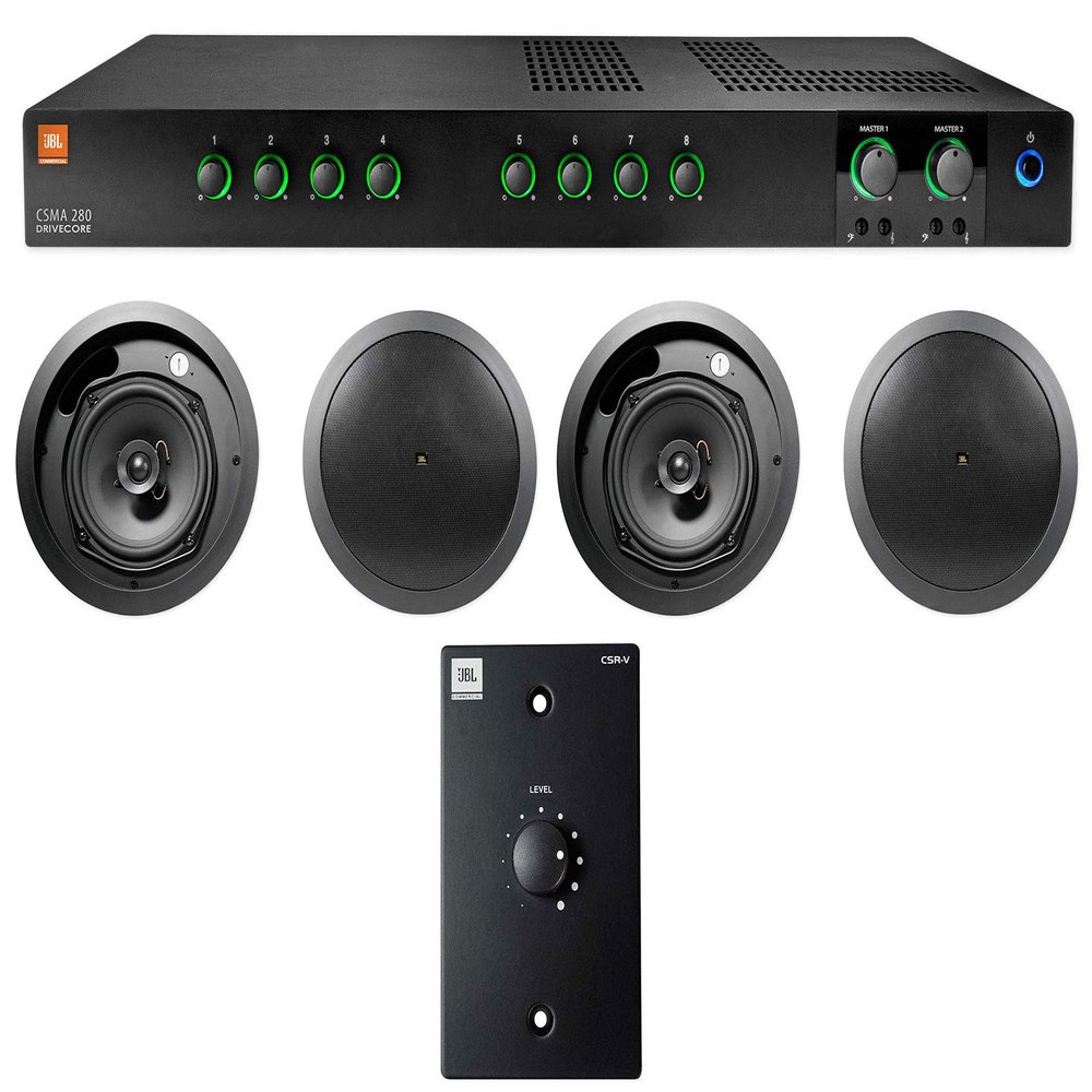 Audiosavings Bundle: (1) JBL CSMA280 Commercial Amplifier Bundle with (4) JBL Control 16C/T-BK 6.5" 30w 70v Commercial Ceiling Speakers, (1) JBL CSR-V Black Wall Volume Controller (7 Items)