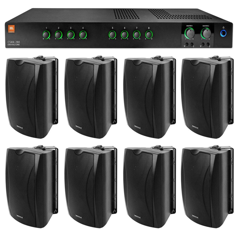 Audiosavings Bundle: (1) JBL CSMA280 Commercial Amplifier Bundle with (8) Rockville WET-6B 70V 6.5" IP55 Commercial Indoor/Outdoor Wall Speaker - Black (9 Items)