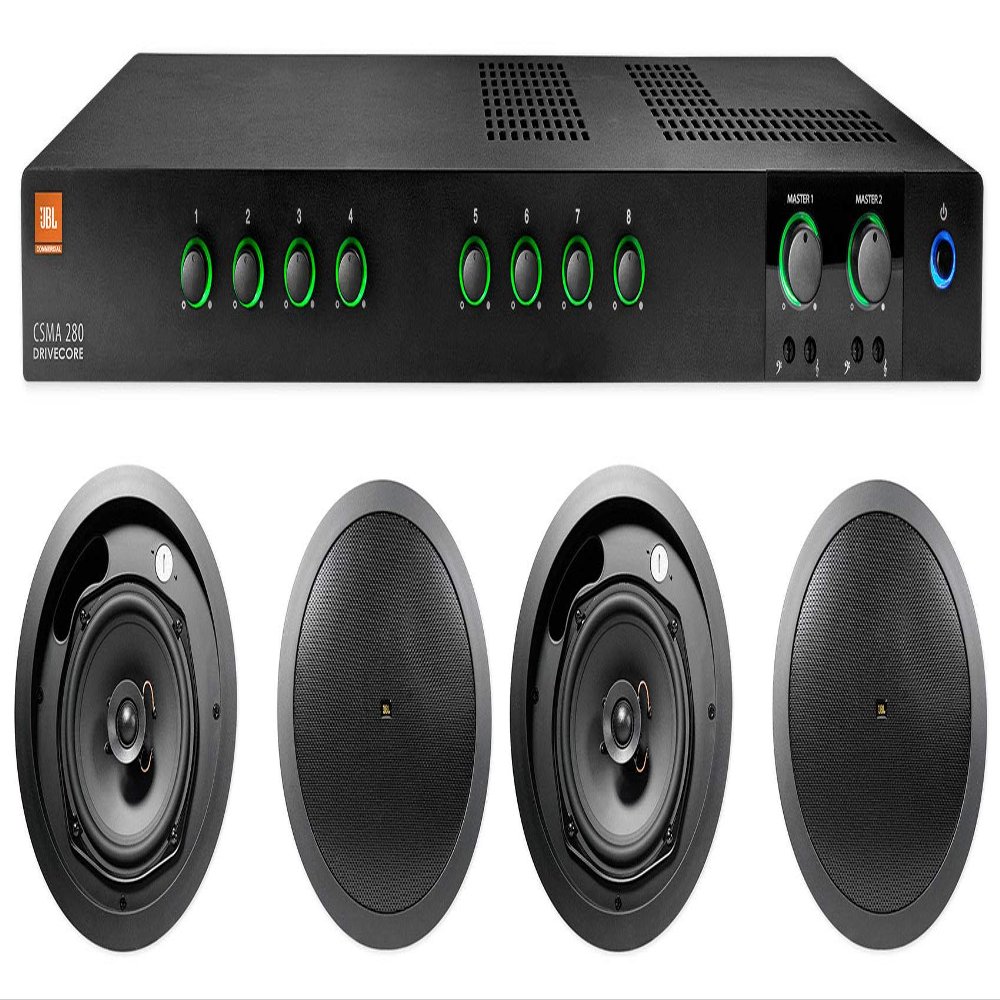 Audiosavings Bundle: (1) JBL CSMA280 Commercial/Restaurant 2 x 80w Amplifier Bundle with (4) JBL (2) Control 16C/T-BK 6.5" 30w 70v Commercial Ceiling Speakers for Restaurant/Bar (5 Items)